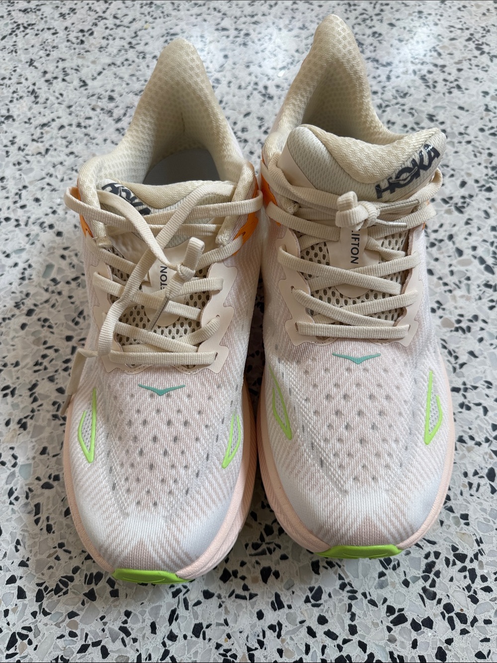 Hoka Women's Athletic Shoes in Cream with Neon Green Accents